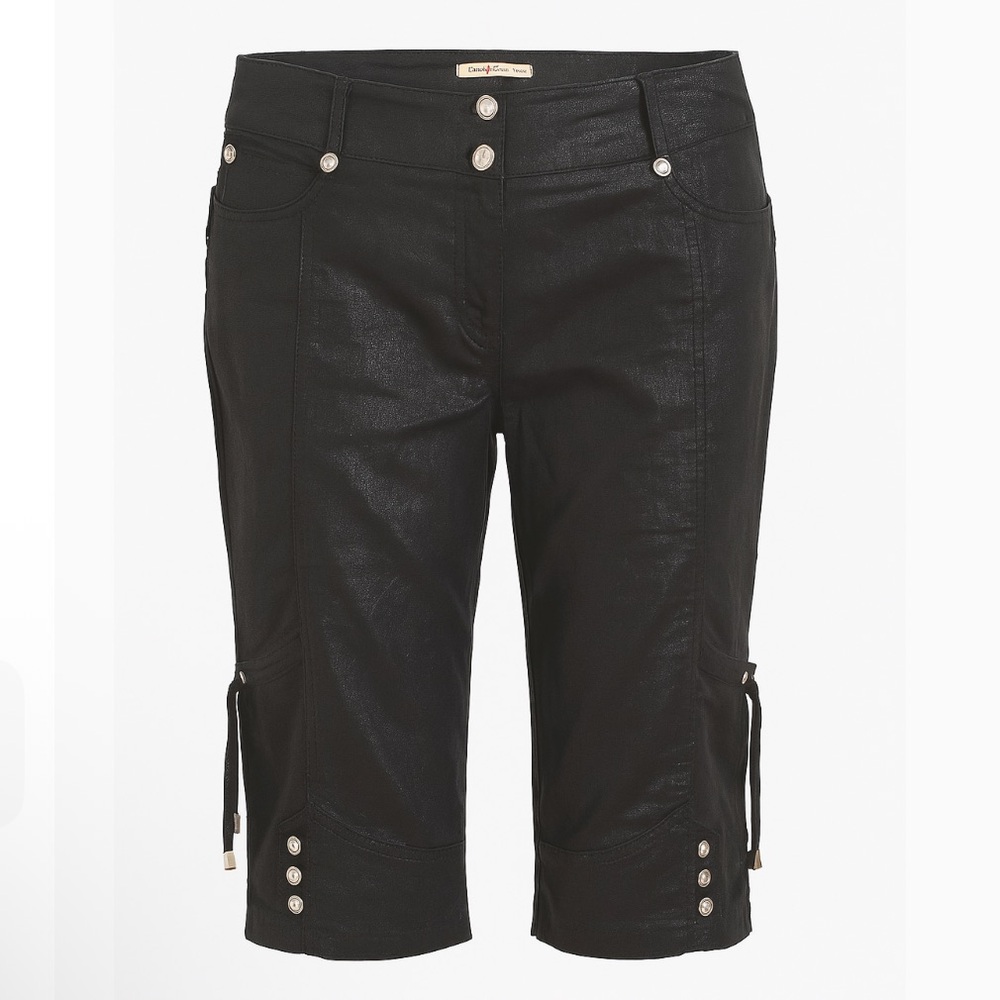 Black Metallic Coated Capris Rhinestone Detail Lace Up Crop Cargo Pants Y2K Styl